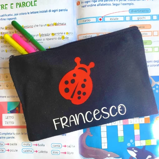 Astuccio per la scuola con nome e Coccinella