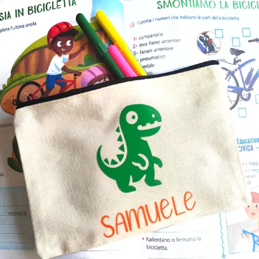 Astuccio per la scuola personalizzato con nome e disegno dinosauro